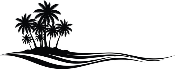 Tropical island silhouette, palm tree vector, ocean wave sketch, black and white beach art, summer nature scene, travel design element © VectoBloom