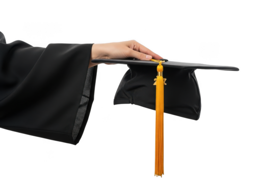 A hand wearing a graduation gown holds a black academic cap with a golden tassel isolated on transparent background