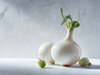 Fresh white onions displayed on a minimalist surface studio setting food photography natural light