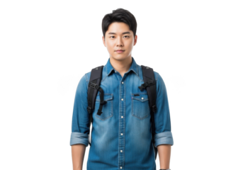Young asian man wearing a blue denim shirt and backpack standing confidently isolated on transparent background