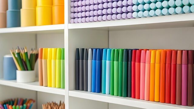 Shelf Filled With Colorful Art Supplies, Markers, And Sculpting Tools Creating A Vibrant Studio Scene That Celebrates Creativity, Craftsmanship, And The Joy Of Artistic Expression