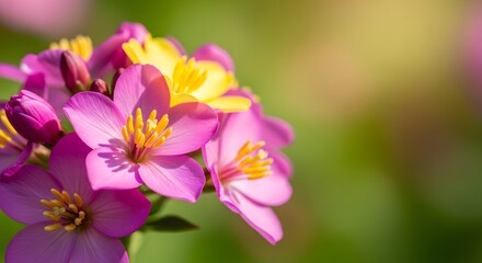 Naklejka premium Colorful Pink and Yellow Flowers Blooming in Sunshine Fresh Blossom Beauty with Vibrant Petals in Bokeh Backdrop Tranquil Floral Display