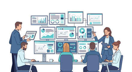 Business Team Analyzing Financial Data On Multiple Monitors In Modern Office Setting