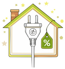 Home electrical plug with percentage tag, representing energy savings or discounts on utilities