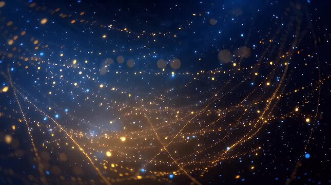 A mesmerizing abstract with a dark blue backdrop. Floating, radiant orbs of gold and blue create interconnected lines. The scene is soft