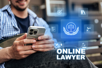 Hands holding smartphone with online legal services displayed in clear focus