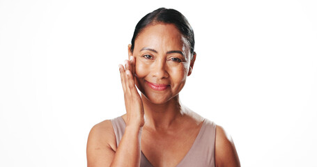 Skincare, portrait or woman in studio with touch, space or smooth skin in anti aging treatment. Dermatology, mockup or mature person on white background with confidence, shine or glow in body care.
