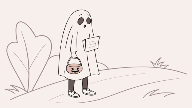 Cute ghost halloween costume trick or treating with candy bucket vector illustration drawing design art