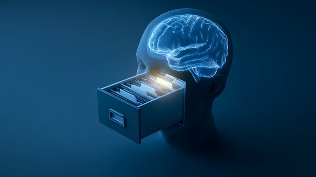 Accessing Memory Human Brain with File Cabinet Drawer and Glowing Data
