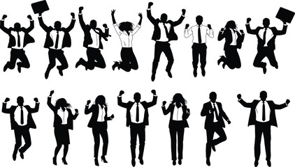 Set of Happy Business People Jumping Silhouette Vector Collection, Celebrating Success, Achievement, and Victory, Men and Women Professionals, Black Figures Isolated on White Background.