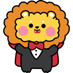 Cute Cartoon Lion Character Wearing a Black Tuxedo and Red Cape with Open Arms on Transparent Background