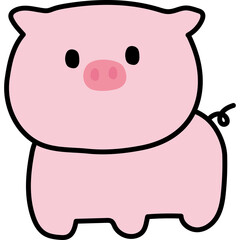 Cute cartoon pink pig illustration with black outline and transparent background simple farm animal drawing