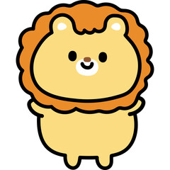 Cute cartoon lion with brown mane and yellow body standing on white background with happy expression and simple design