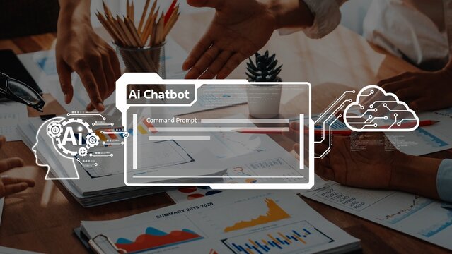 A diverse business team collaborates in a modern workspace, utilizing technology and AI chatbot for effective communication and data-driven decision making. Raster