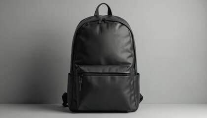 Minimalist black backpack with front zip pocket and side pouches. Sleek modern design holds essentials for travel school or daily city commute. Durable bag offers style and function.