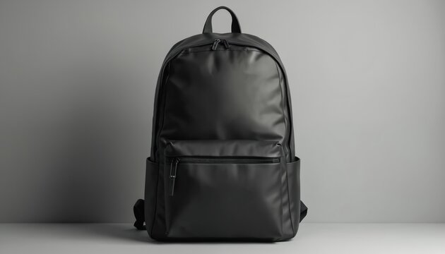 Minimalist black backpack with front zip pocket and side pouches. Sleek modern design holds essentials for travel school or daily city commute. Durable bag offers style and function.