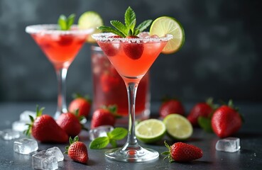 Two cold strawberry cocktails with lime, mint in martini glasses. Fresh strawberries, sliced lime, ice cubes scatter around. Vibrant, refreshing summer drink perfect for party celebration time.