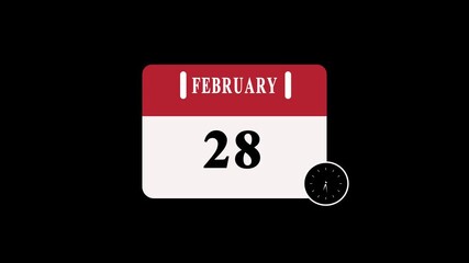28 February date Calendar Page with Clock countdown animation on black Background. Digital calendar month and date concept design.