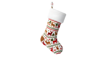 Festive christmas stocking with holiday pattern isolated on transparent background