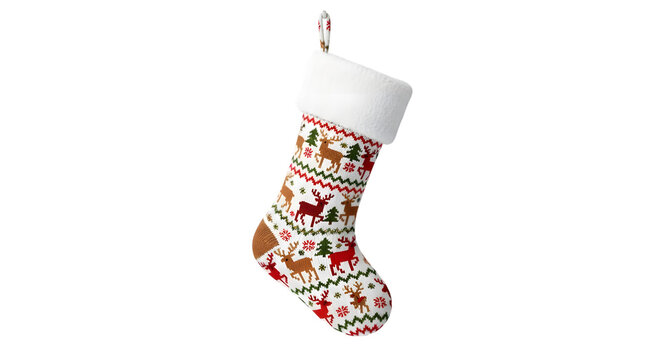 Festive christmas stocking with holiday pattern isolated on transparent background