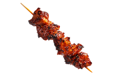 Anticuchos grilled beef meat skewer isolated on white transparent background, concept of South American barbecue cuisine.