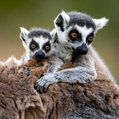 Close-up view of two lemurs, one a baby, nestled together, with the juvenile atop its adult companion. Their fur is light and dark