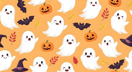Fototapeta premium Playful Ghosts and Pumpkins Seamless Pattern Illustration for Festive Autumn Season with Bats, Witch Hats, and Fall Leaves for Halloween Celebration