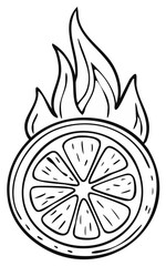 Hand-drawn Citrus Slice with Flames - Monochrome Fruit Vector Illustration