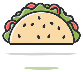 Vector icon of a delicious taco with lettuce, tomato, and sesame seeds