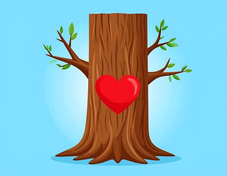 A cartoon tree with a red heart in the center on a blue background