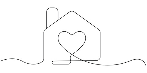 Heart inside house continuous one line drawn illustration vector.