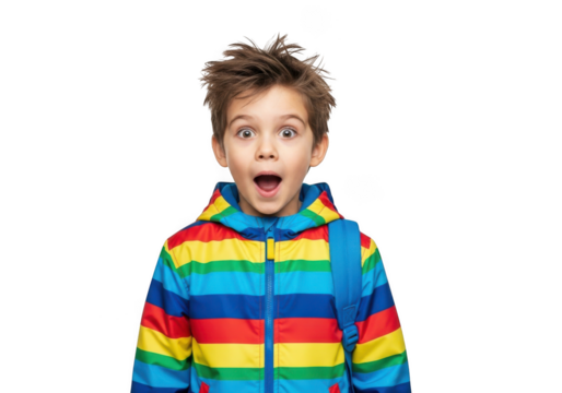 Young boy with messy brown hair wearing a vibrant rainbow striped jacket and blue backpack with a surprised expression isolated on transparent background