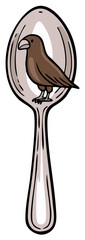Cartoon illustration of a small brown bird standing in a silver spoon
