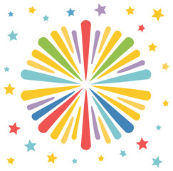 Bright celebratory firework burst with colorful radial lines and scattered star patterns