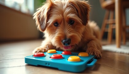 Cute shaggy dog uses nose and paws to solve treat puzzle toy. Canine brain game develops intelligence and provides mental stimulation for pet. Dog enjoys food reward.