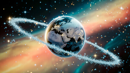  A dynamic fantasy landscape featuring a glass model of planet Earth surrounded by sparkling snowflakes, colorful clouds, and stars. Magical Christmas illustration