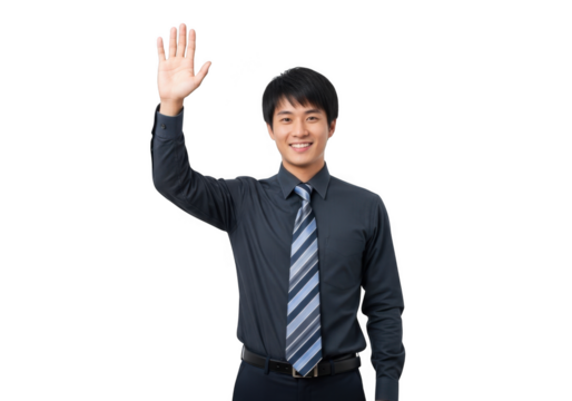 Young asian businessman with a friendly smile raises his right hand in a welcoming gesture isolated on transparent background