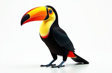 Naklejka premium Colorful toucan bird stands on white background. Exotic animal with large beak and black feathers. Tropical wildlife, jungle inhabitant with blue feet and yellow chest.
