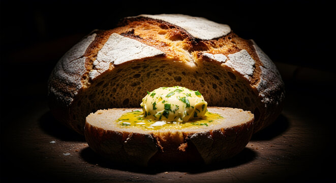 Rustic loaf of bread with a dollop of herb butter on a slice sourdough crusty