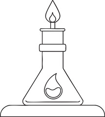Chemistry flask with flame and droplet line art illustration symbolizing laboratory science experiment concept