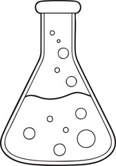 Laboratory flask outline illustration with liquid bubbles, scientific experiment and chemistry education design