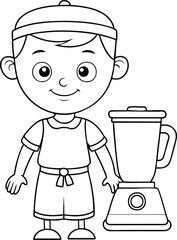 Smiling cartoon boy with cap near blender line art illustration, kids coloring page for kitchen and fun design