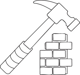 Construction hammer and stacked bricks detailed line art for building, renovation, and diy illustration design