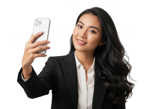 Young asian woman in business attire holding a smartphone taking a selfie with a smile isolated on transparent background - Powered by Adobe