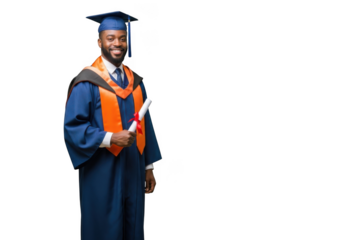 Smiling african american man in academic regalia holding a diploma isolated on transparent background