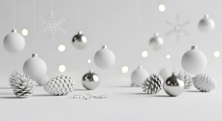 Minimalist Decorative Arrangement Winter Holiday Ornaments Sphere White Pinecones Snowflakes Cold Season Festive Still Life
