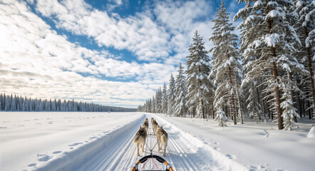 Dog sledding with a husky team in a snowy winter forest. POV adventure ride through a Lapland landscape on a sunny day