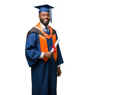 Smiling african american man in academic regalia holding a diploma isolated on transparent background - Powered by Adobe