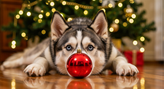 An adorable siberian husky puppy with a red christmas ornament on its nose. Cute dog with blue eyes lying in front of a festive holiday tree with lights
