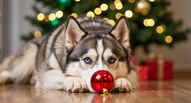 A Siberian husky dog with blue eyes lies on the floor with a red Christmas ornament. Cute pet celebrating the winter holidays in front of a festive tree